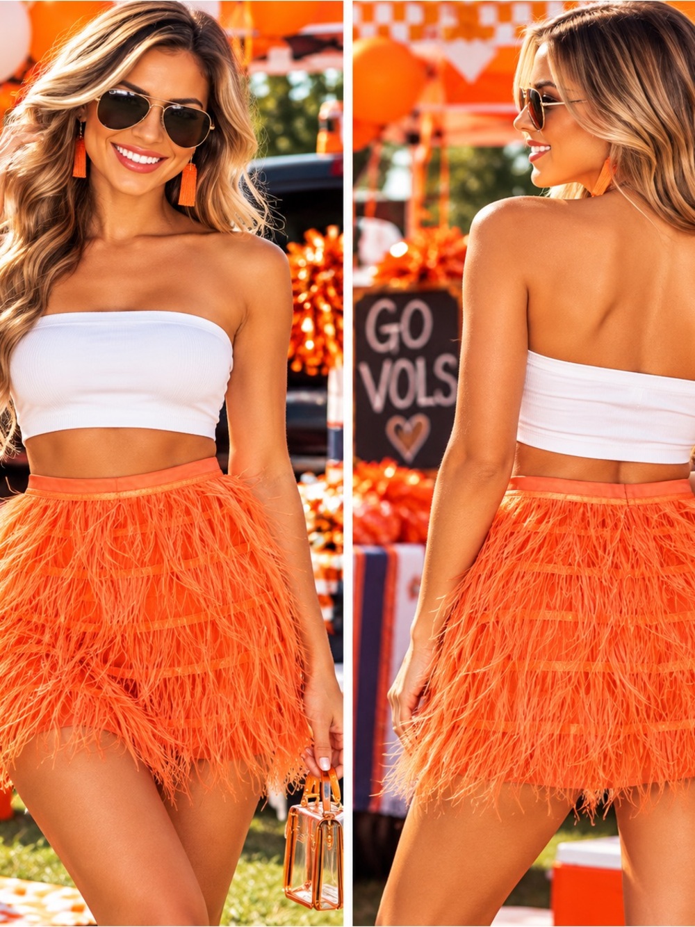 QUEEN OF SPARKLES Orange Feathered Mini Skirt